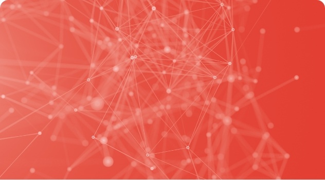 Red abstract graphic with interconnected lines and dots